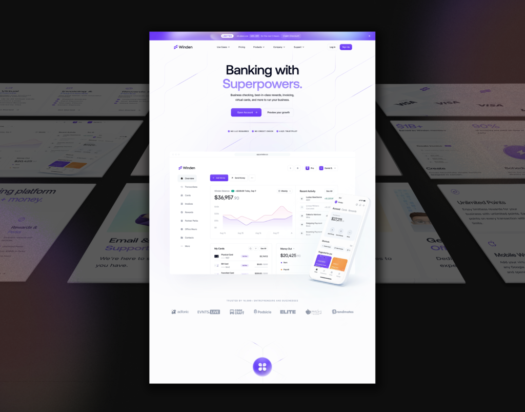 Sophisticated banking platform interface design by Enzygn Studio, emphasizing 'Banking with Superpowers' for the Winden app.