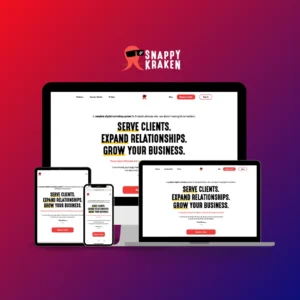 Responsive website showcase for Snappy Kraken, highlighting user-focused UI/UX, developed from Figma wireframes to live HubSpot pages, displayed on desktop, tablet, and mobile against a bold gradient background.