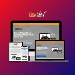 Responsive funnel design for Copy Chief's Email Copy Academy, shown on desktop, tablet, and mobile screens against a vibrant gradient backdrop, highlighting a 26X ROI during a one-week campaign.