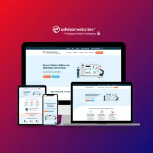 Showcase of Advisor Websites' new Personalized Website Design Page displayed across desktop, tablet, and mobile, featuring a user-focused layout, consistent branding, and responsive design achieved through agile UI/UX development.