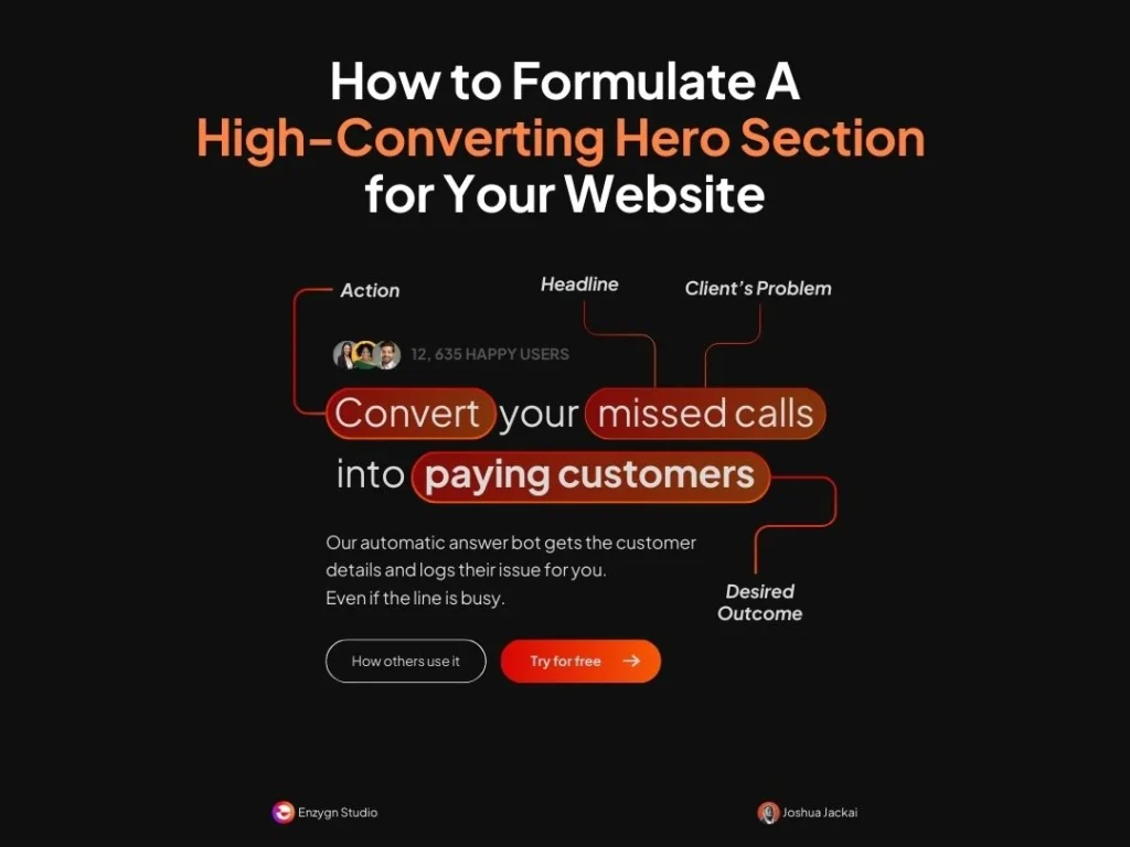 Guide on creating a high-converting hero section for websites with emphasis on action, headline, client's problem, and desired outcome.