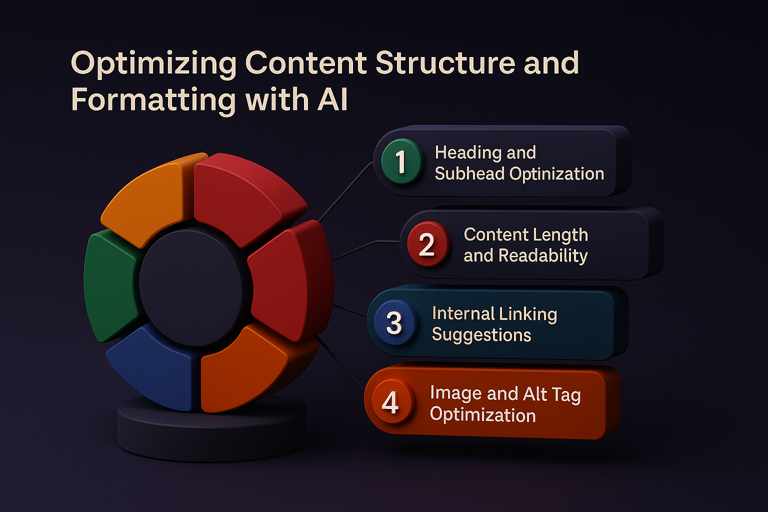 3D isometric infographic showing five AI content optimization strategies with colorful segments and text labels