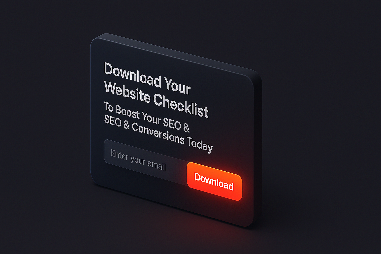 Isometric 3D graphic of a free website checklist lead magnet with email input and glowing download CTA on a dark gradient background for Enzygn.