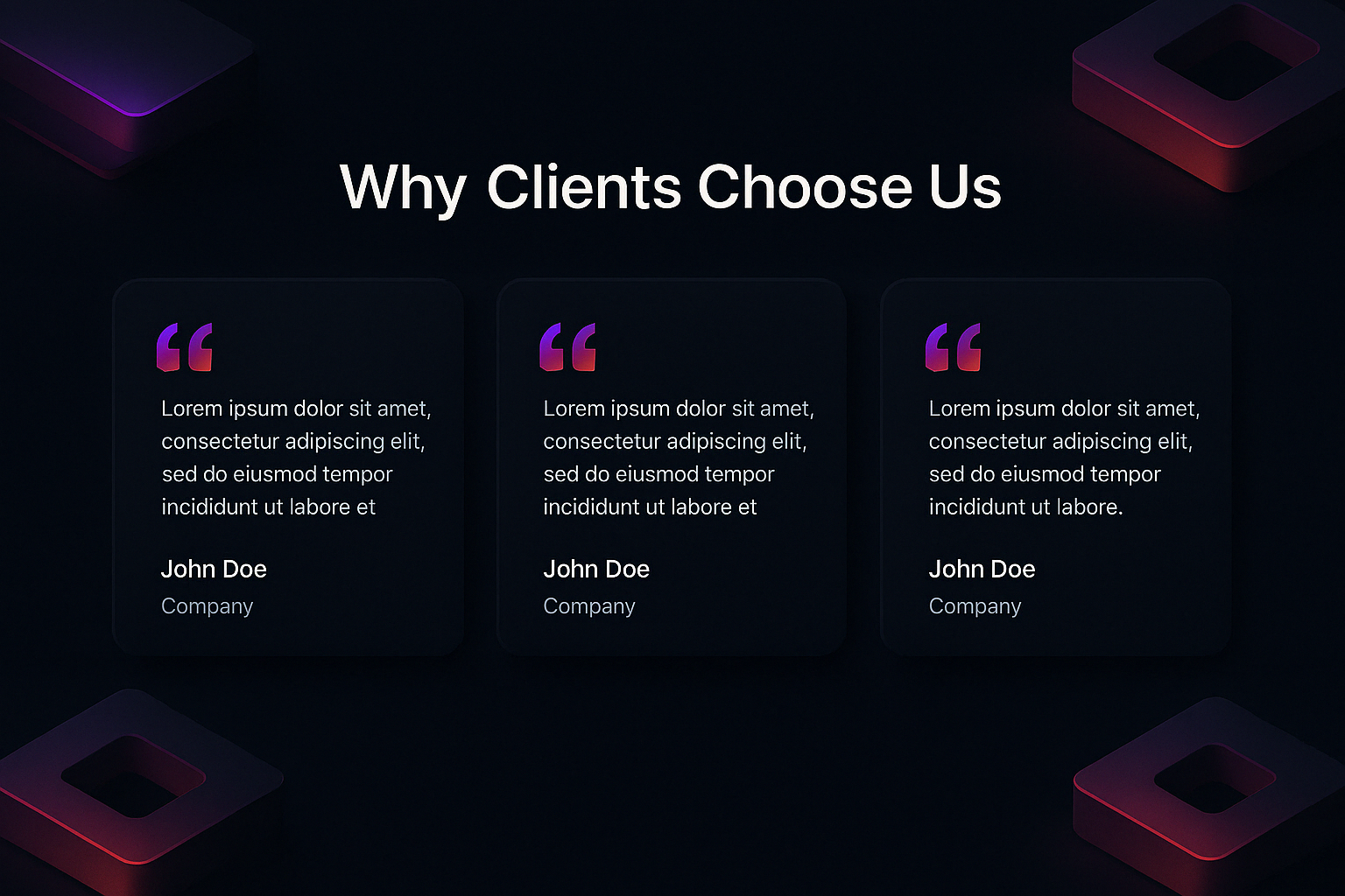 Futuristic dark-themed testimonial section with 3 client review cards, glowing isometric elements, and a 'Why Clients Choose Us' headline designed by Enzygn."