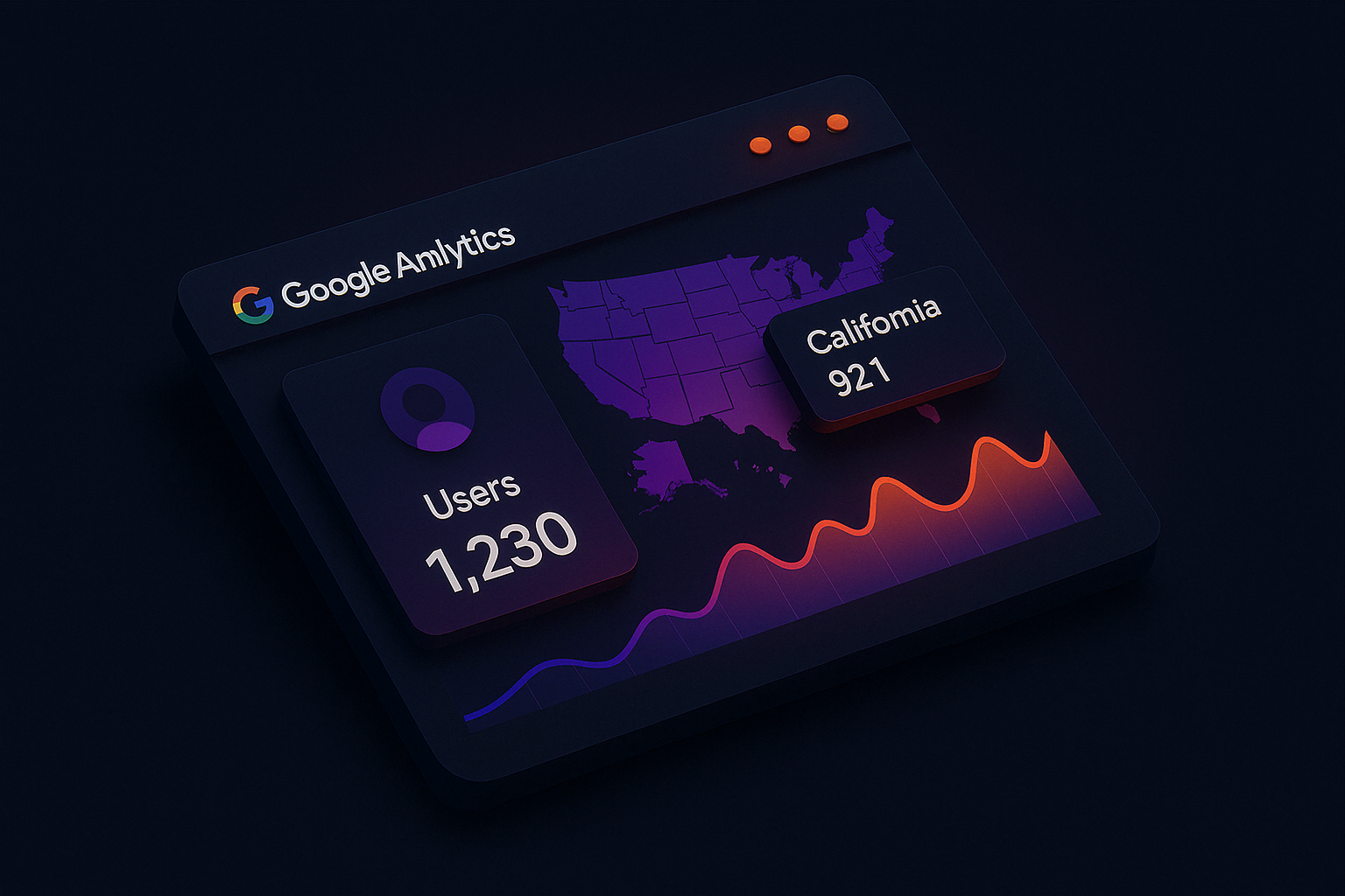 Isometric Google Analytics dashboard showing California web visitor data with 3D glowing UI cards in Enzygn’s signature gradient style