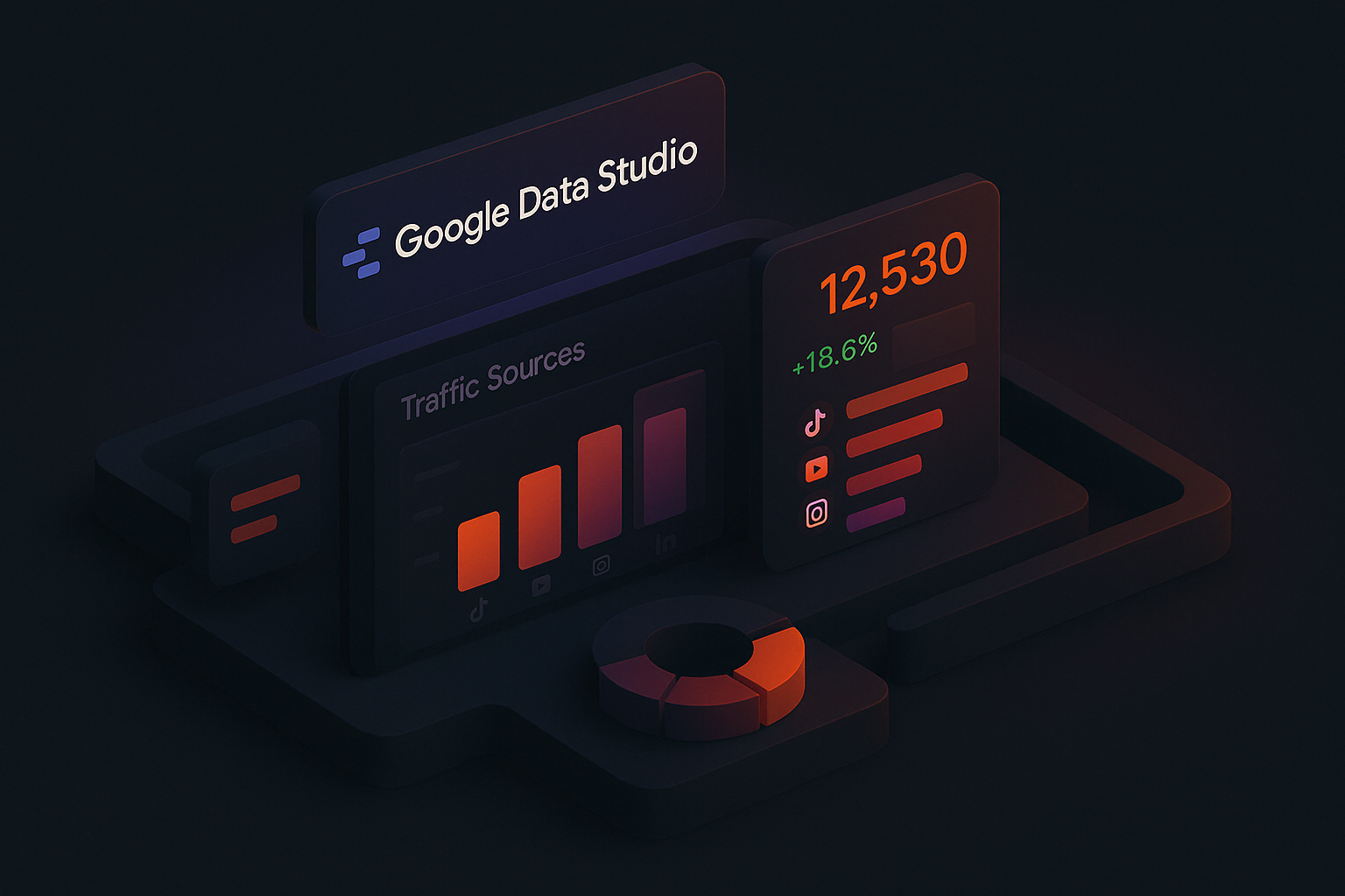 Isometric Google Data Studio dashboard visualizing top traffic sources from TikTok, YouTube, Instagram, and LinkedIn with vibrant neon 3D UI design by Enzygn