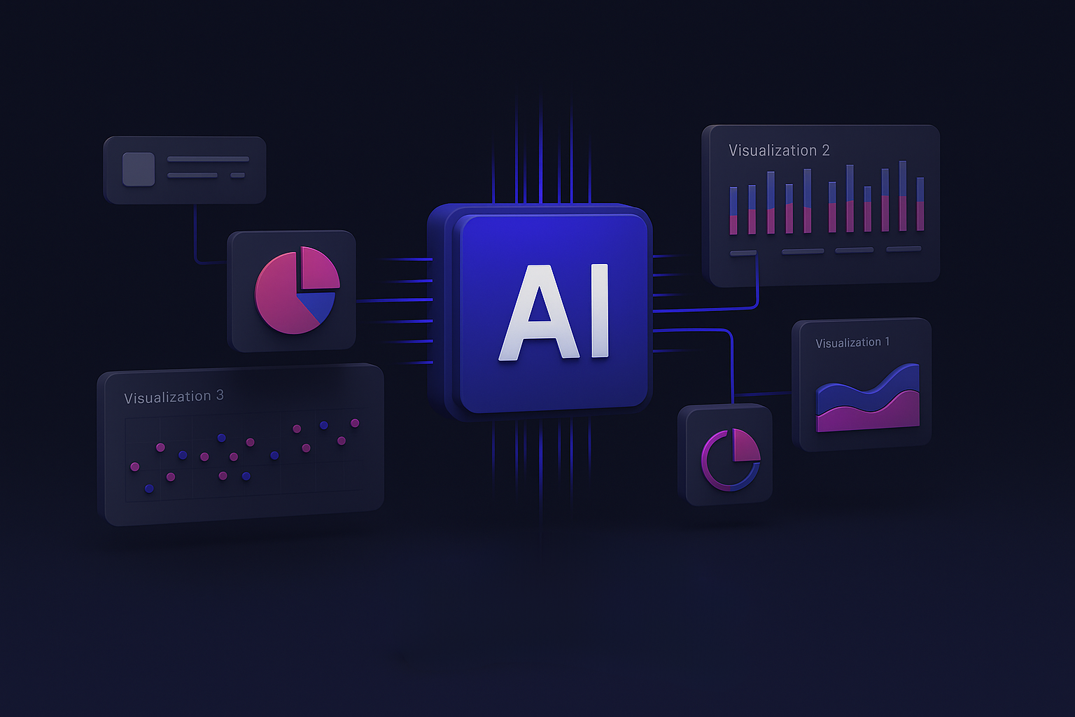 3D isometric image of a glowing AI chip connected to visual dashboards including pie charts, bar graphs, and line charts for campaign analysis and optimization.