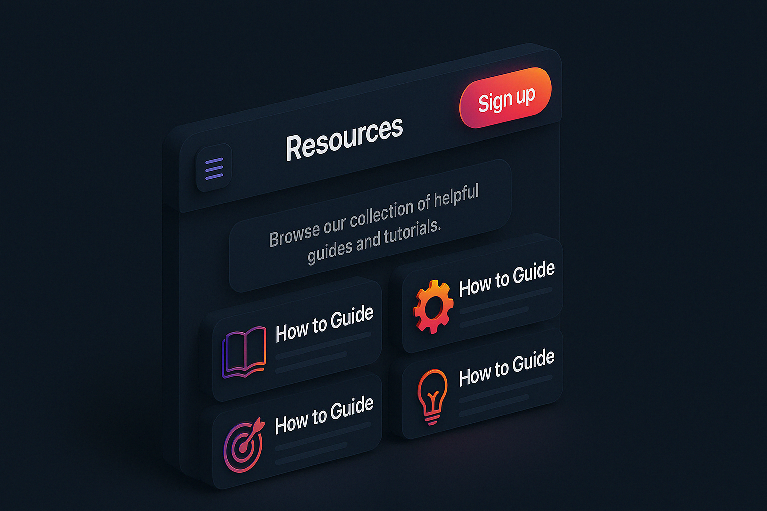 Isometric website resources page with glowing how-to guides and neon UI elements in Enzygn’s signature dark gradient design