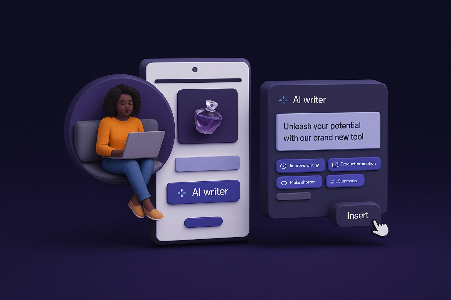 3D isometric AI personalization workflow showing three steps: customer data, analysis, and personalized experiences on a dark futuristic UI background.
