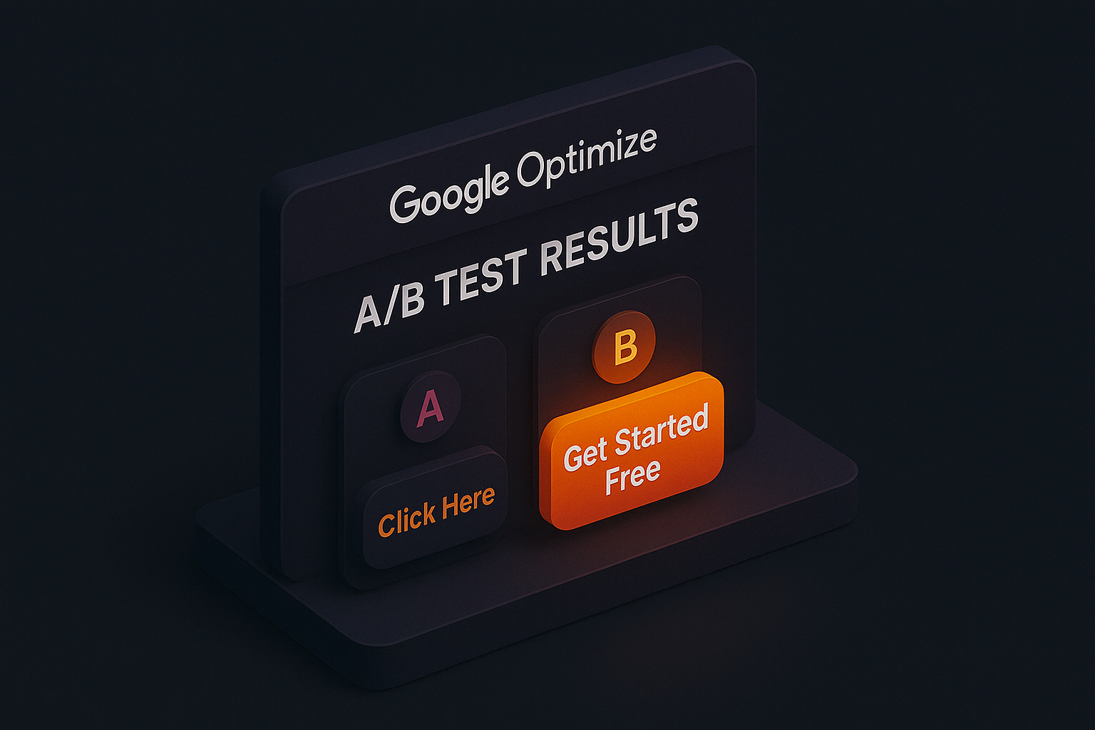 Isometric 3D Google Optimize A/B test results showing button B 'Get Started Free' outperforming button A 'Click Here' in Enzygn&rsquo;s glowing dark UI style