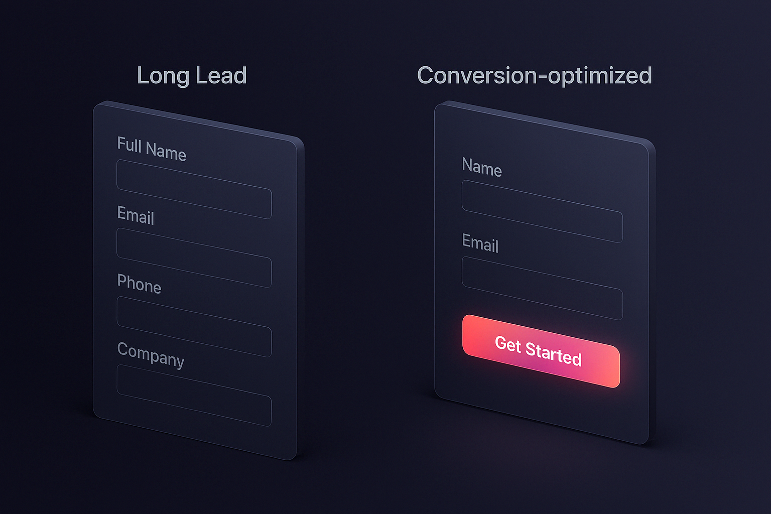 Isometric 3D graphic comparing a long multi-field lead form with labeled inputs vs a conversion-optimized form with fewer fields and a glowing CTA button in Enzygn&rsquo;s dark UI.