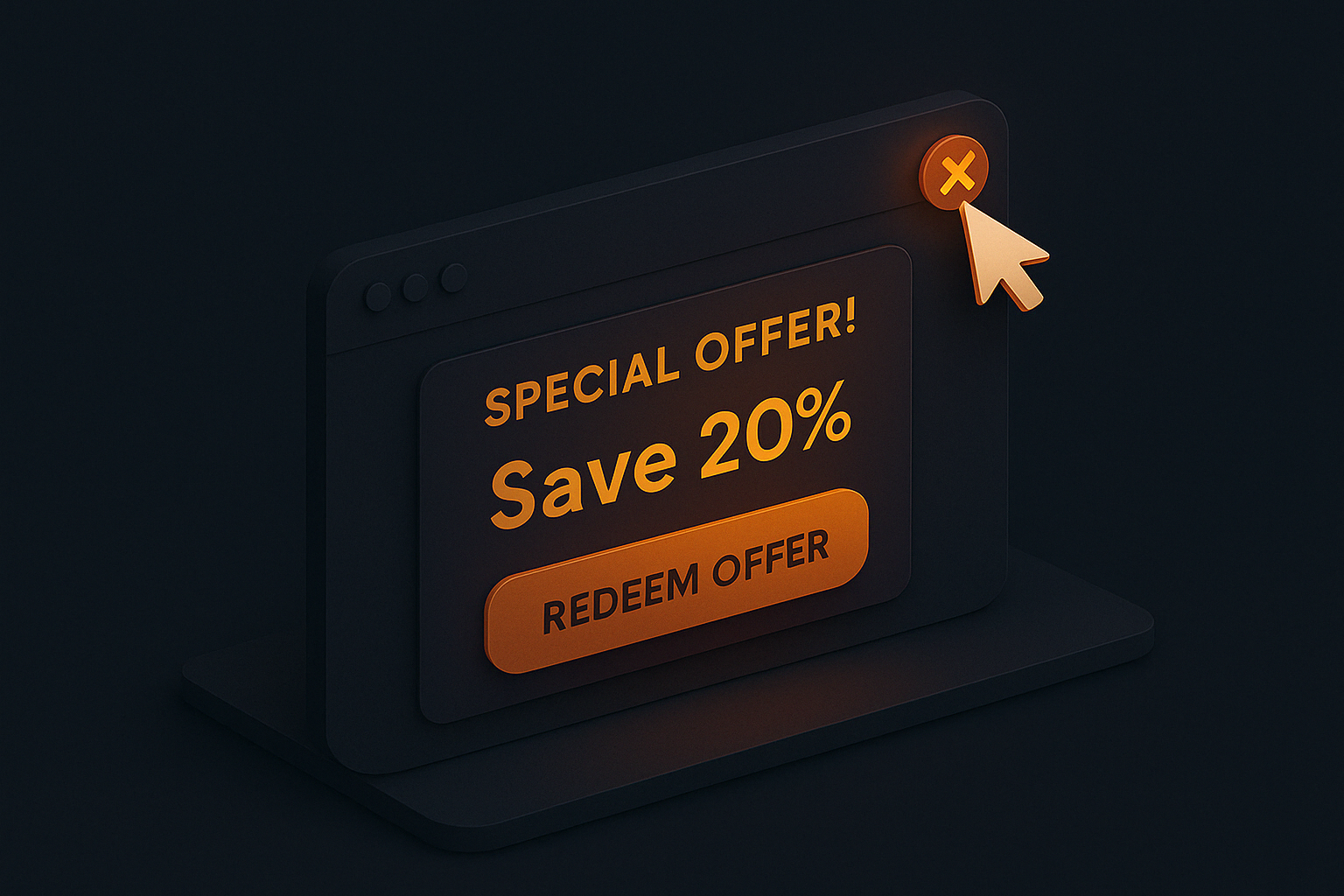 sometric 3D illustration of a website pop-up with &ldquo;Special Offer &ndash; Save 20%&rdquo; and a glowing &ldquo;Redeem Offer&rdquo; button on a dark background, styled in Enzygn&rsquo;s premium design aesthetic.