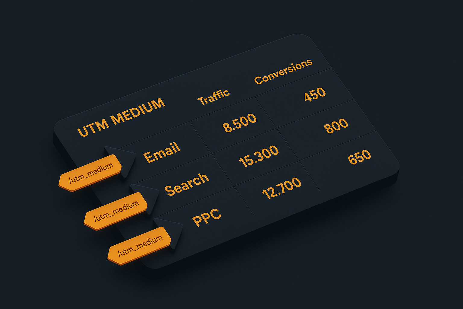 Isometric UTM Medium dashboard showing traffic and conversions from Email, Search, and PPC sources in Enzygn&rsquo;s dark futuristic interface style
