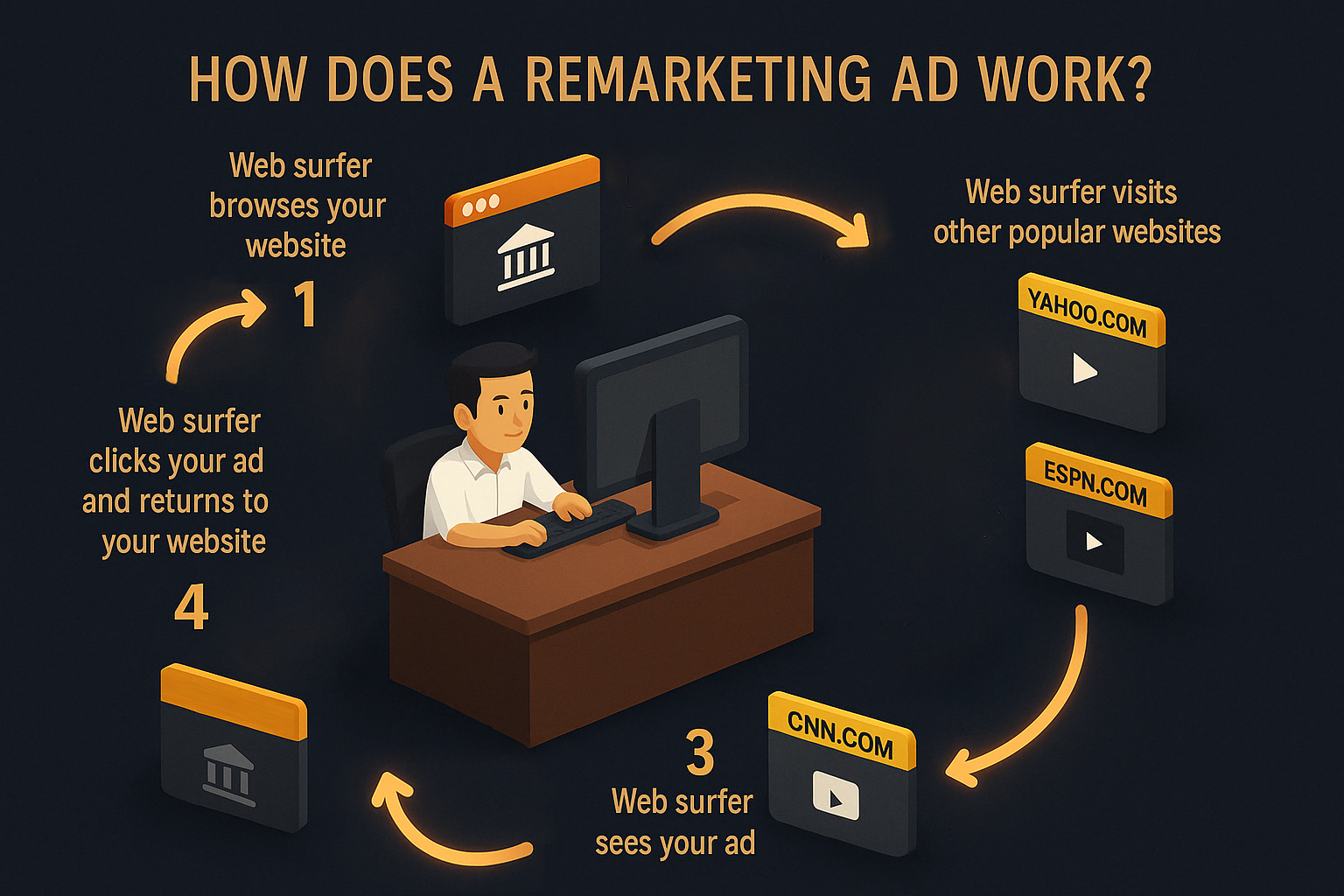 Isometric 3D infographic illustrating how a remarketing ad works, showing four-step customer journey from website visit to ad click and return conversion, in Enzygn&rsquo;s signature dark UI style.