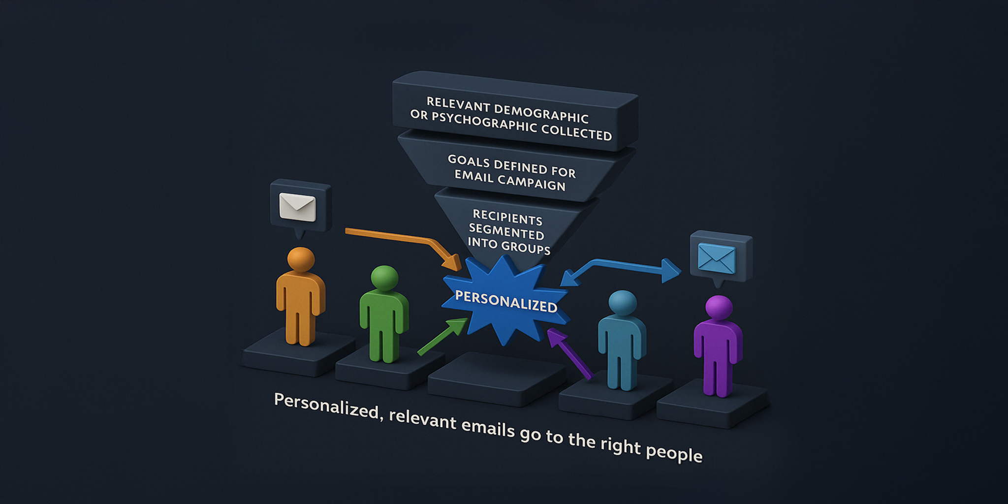 Isometric 3D funnel graphic illustrating email segmentation flow from data collection to personalized emails delivered to target recipients, designed by Enzygn"