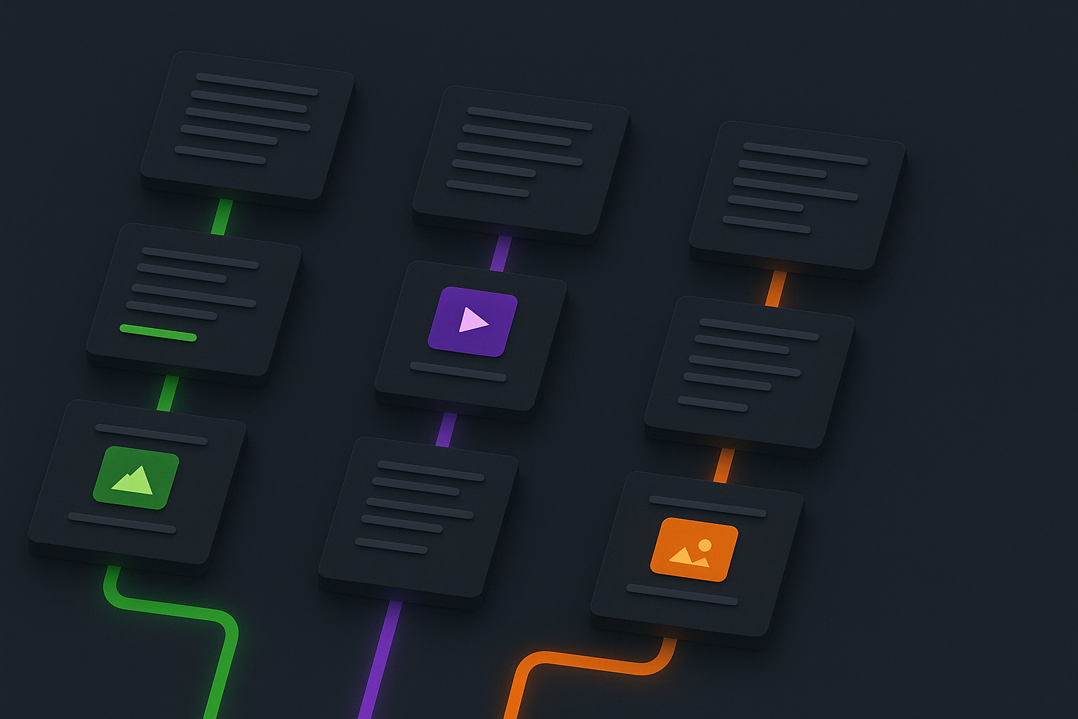Isometric 3D email sequence showing multimedia-rich workflows with glowing connectors and icons for video, images, and text, designed in Enzygn&rsquo;s premium dark UI style