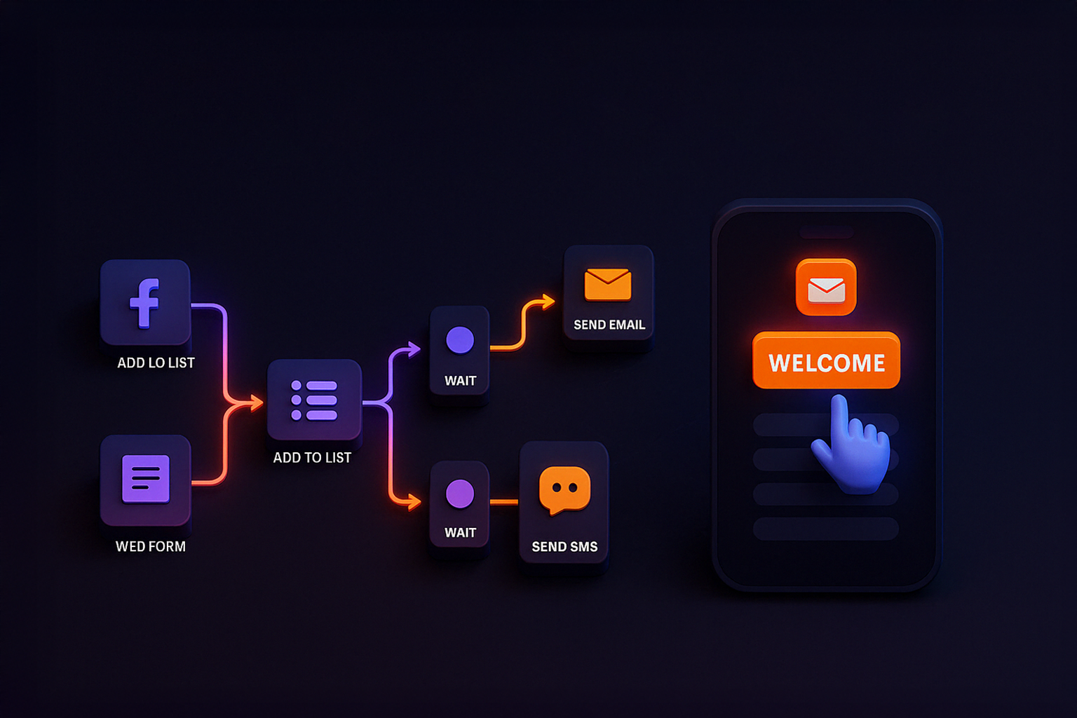 Isometric 3D welcome automation flow graphic featuring Facebook, web form, conditional wait steps, a Send Email tile, and a corrected Send SMS tile with bubble icon, styled in Enzygn’s dark UI.