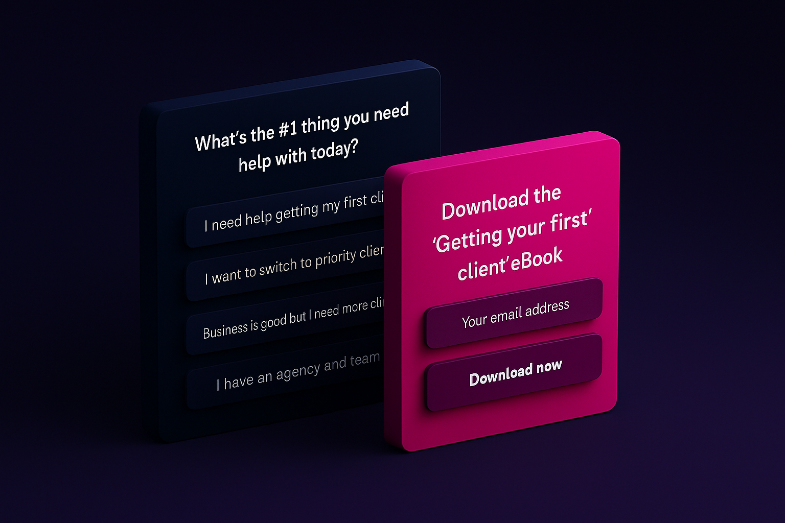 3D isometric graphic of a dark-themed interactive quiz with pink email form titled “Getting your first client” for lead generation