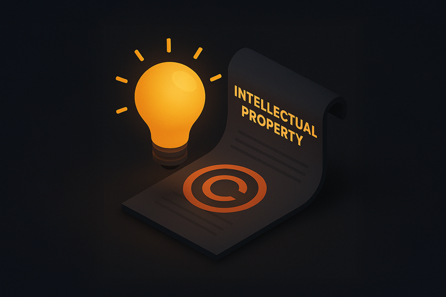 3D isometric dark-mode illustration of a glowing lightbulb over a copyright-marked document titled 'Intellectual Property' in Enzygn&rsquo;s signature UI style