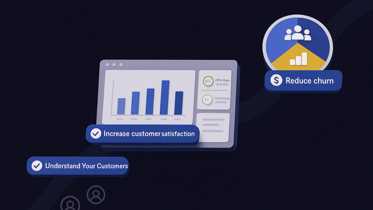 3D isometric CRM graphic showing key goals: Increase customer satisfaction, Understand your customers, and Reduce churn, with charts and analytics interface in Enzygn&rsquo;s dark UI style
