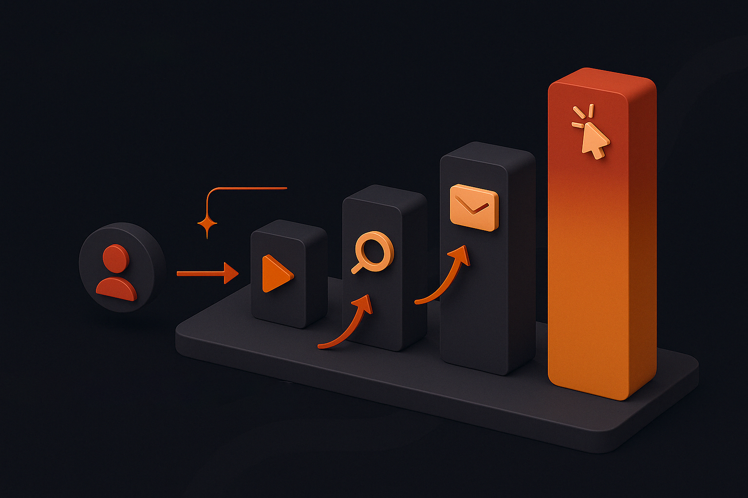 3D isometric chart showing user behavior flow through video, search, email, and click actions on a dark background using orange and charcoal tones by Enzygn