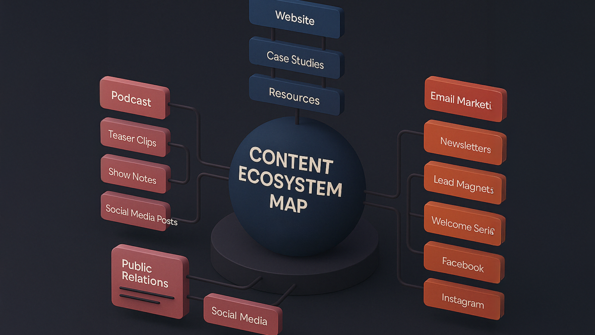 3D isometric content ecosystem map showing website, podcast, email marketing, PR, and social media channels with labeled sub-elements, designed in Enzygn&rsquo;s modern branding style