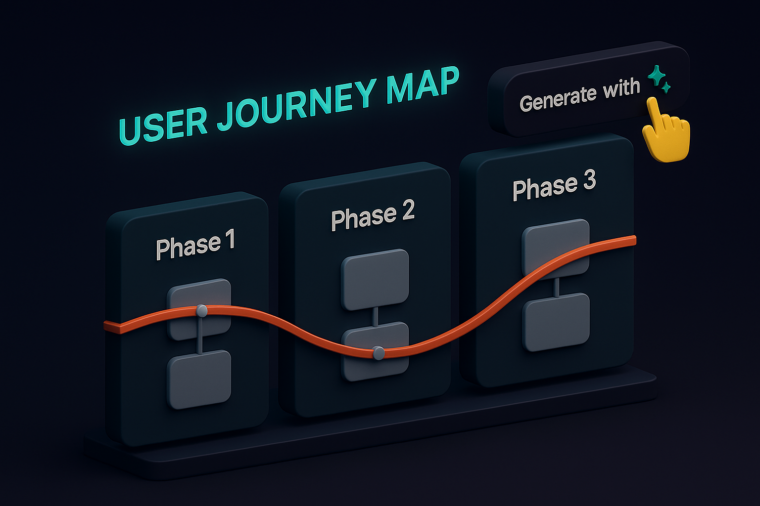 3D isometric user journey map with three labeled phases and an orange progression line, featuring a “Generate with AI” button and a hand icon for interactivity.